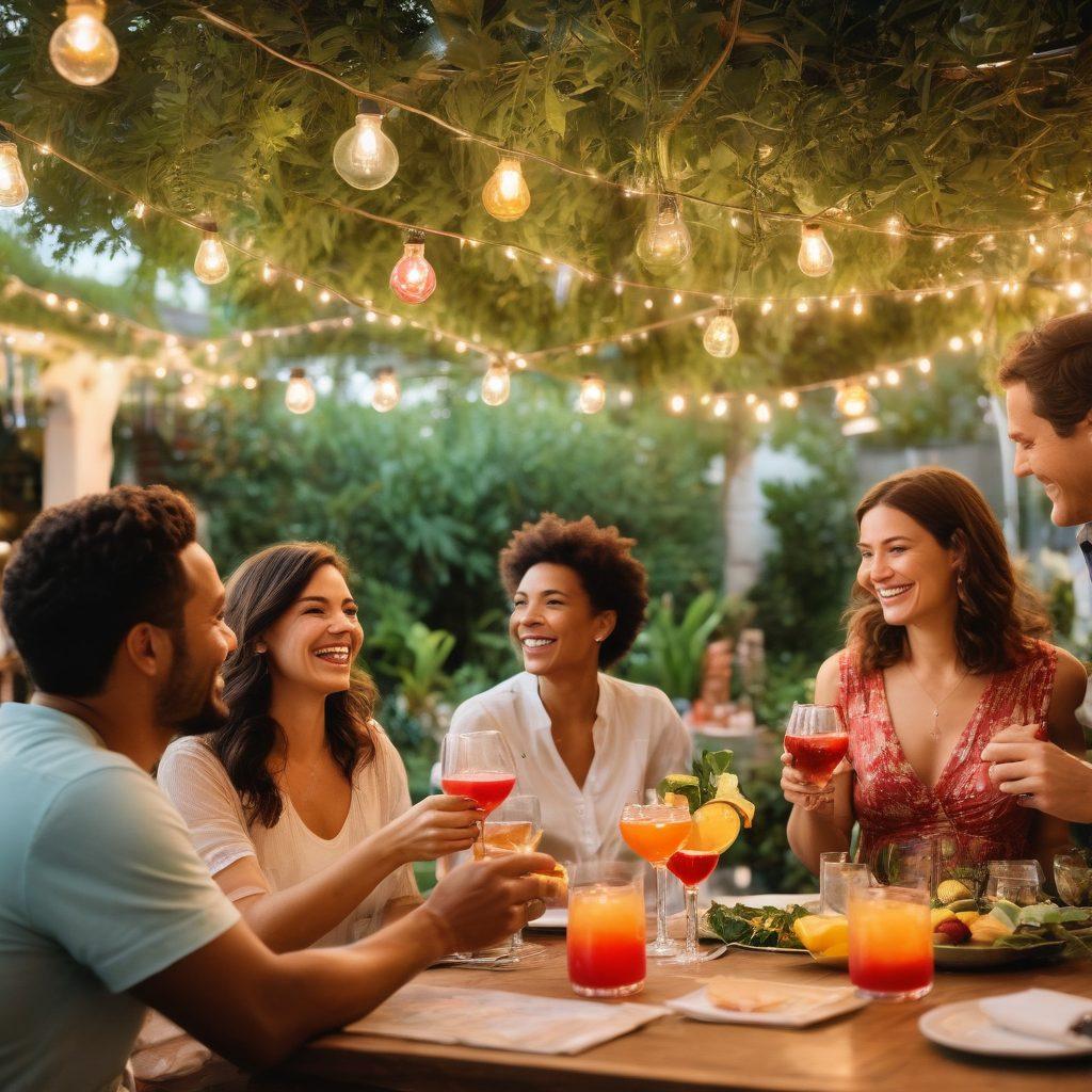 A lively, sun-drenched patio setting with people clinking glasses filled with colorful cocktails, surrounded by lush greenery and soft twinkling lights. A bottle of Castillo's finest spirits prominently displayed on the table, with elegant glassware and gourmet appetizers. Celebrate a vibrant atmosphere of joy and connection, with smiles and laughter in the air. super-realistic. vibrant colors. warm lighting.