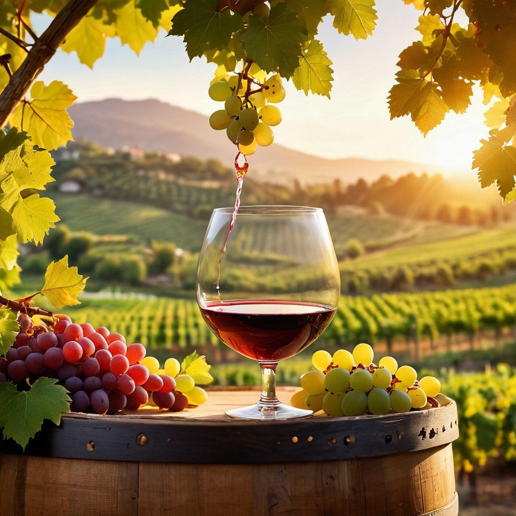 A picturesque vineyard scene with sun-kissed grapes on the vine, a rustic wooden barrel, and a glass of red wine reflecting the golden sunset. Include a winemaker expertly pouring wine into a glass, surrounded by lush greenery and distant rolling hills. Capture the essence of winemaking with the details of the vineyard and the wine, showcasing the art of the process. soft-focus background. vibrant colors. realistic.