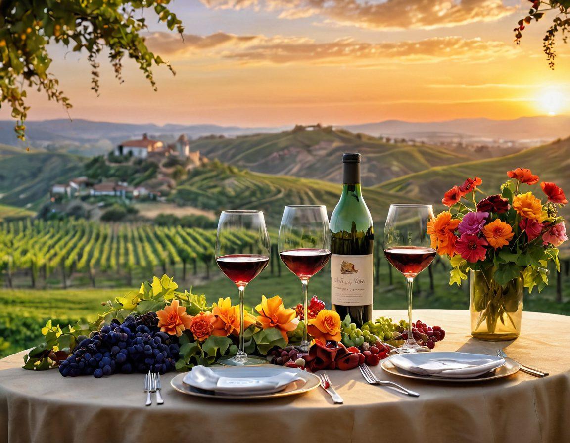 A picturesque vineyard basking in golden sunset hues, with wine glasses clinking joyfully in the foreground. A festive table adorned with Castillo wines, surrounded by vibrant flowers and soft candlelight. Bubbly friends raising their glasses, captured in a moment of laughter and celebration. Rolling hills in the background add to the scenic beauty. super-realistic. warm colors. festive atmosphere.